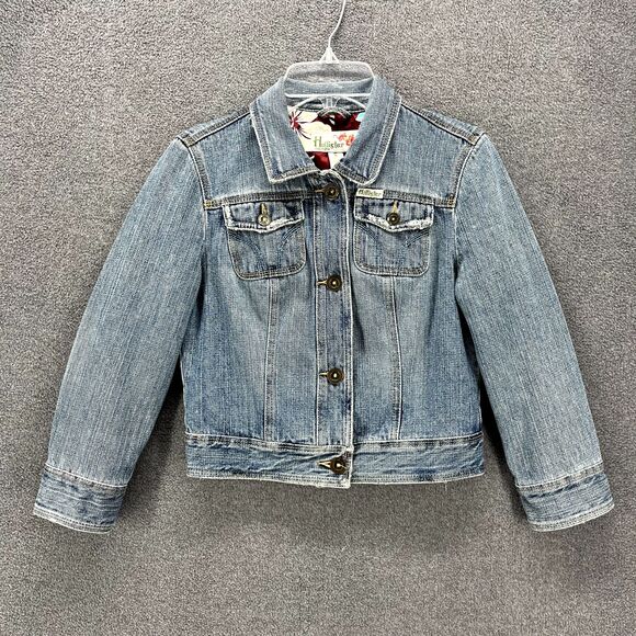 HOLLISTER CO Denim Jacket Girls Juniors Small distressed Tropical lined - Picture 1 of 15